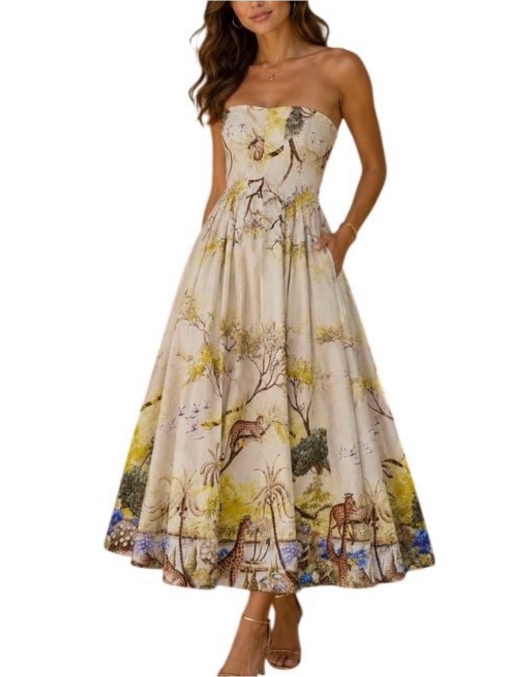 Caroline Constas Safari Jungle Print Maxi Dress NWT Cotton Strapless Statement L